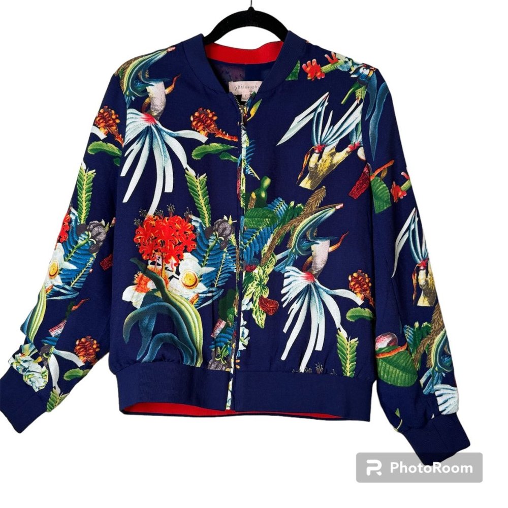 PHILOSOPHY Tropical Printed Lightweight Multicolor Navy Bomber Jacket Womens L